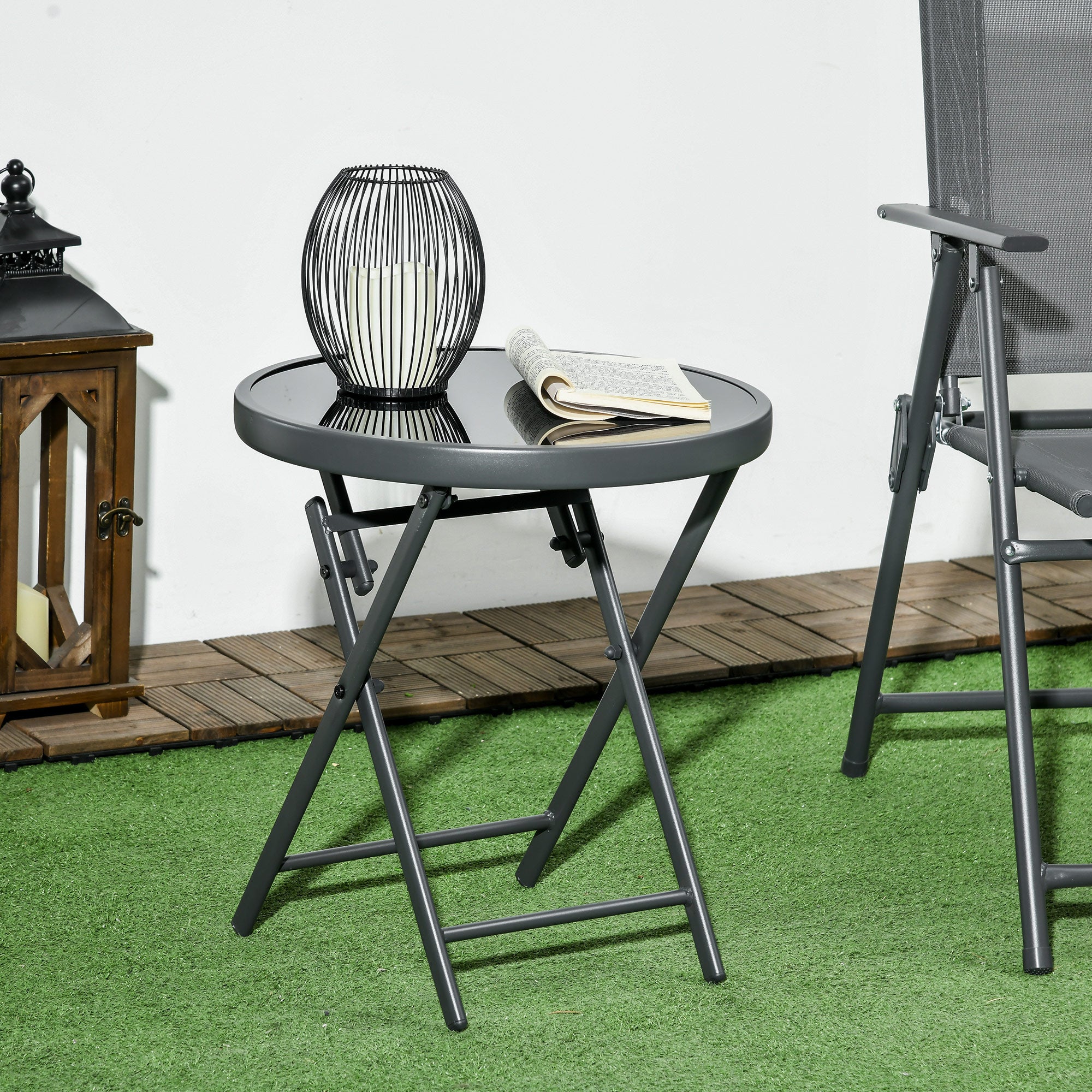 Folding Side Table, Glass Folding Table, Small Camping Table, Round End Table for Balcony, Patio, Living Room, Office, 45 x 45 x 50 cm, Black