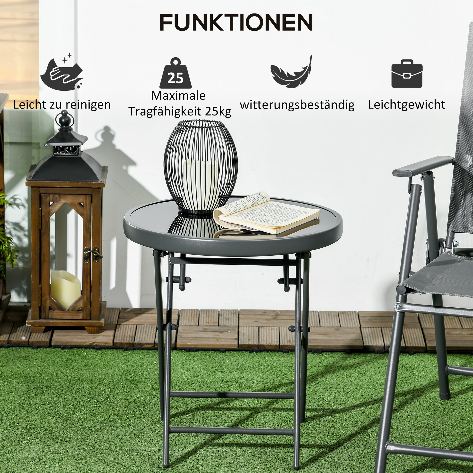 Folding Side Table, Glass Folding Table, Small Camping Table, Round End Table for Balcony, Patio, Living Room, Office, 45 x 45 x 50 cm, Black