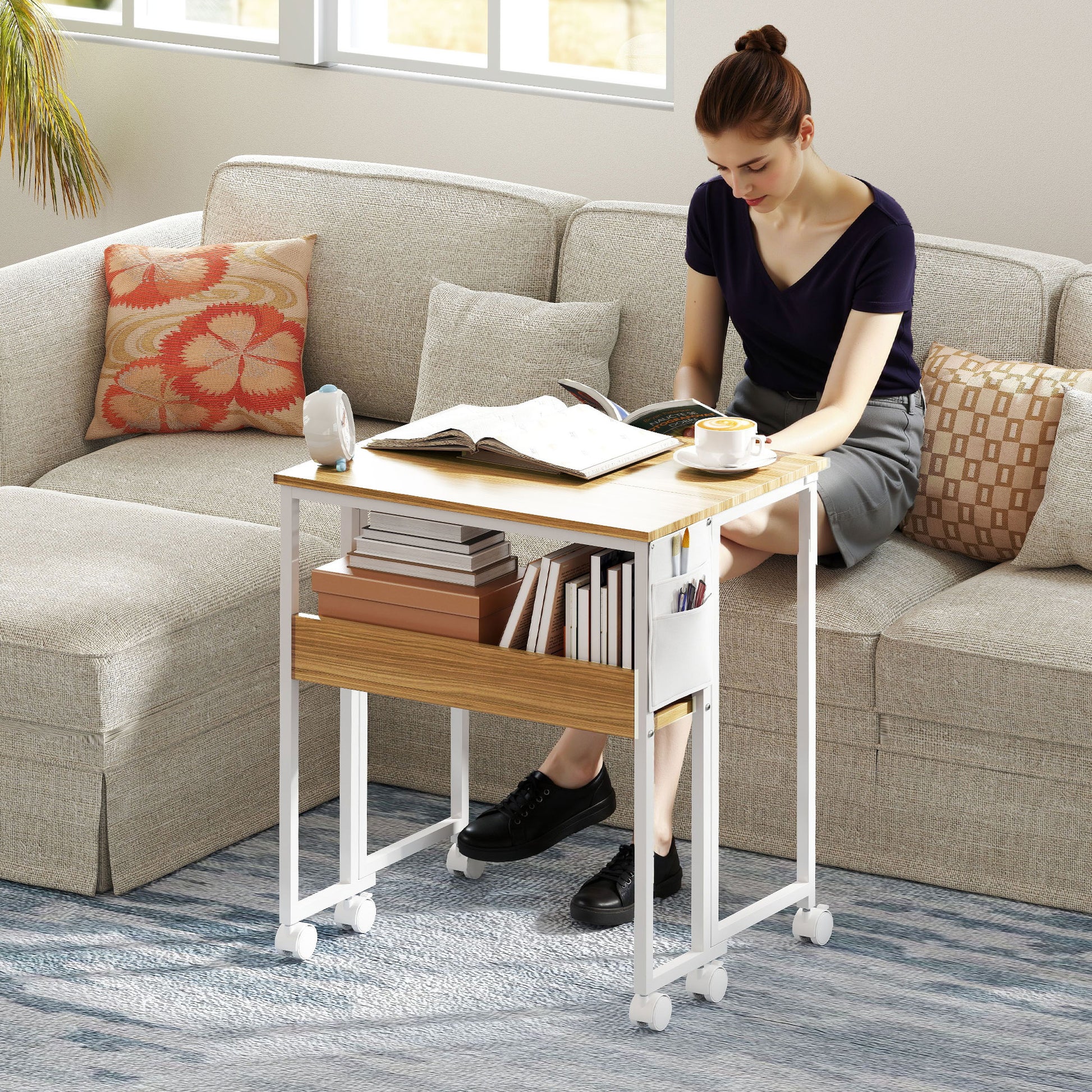 Folding Desk Small 63 cm Foldable Desk with Casters Space-Saving Computer Desk with Shelf, Storage Bag, for Home Office, Natural
