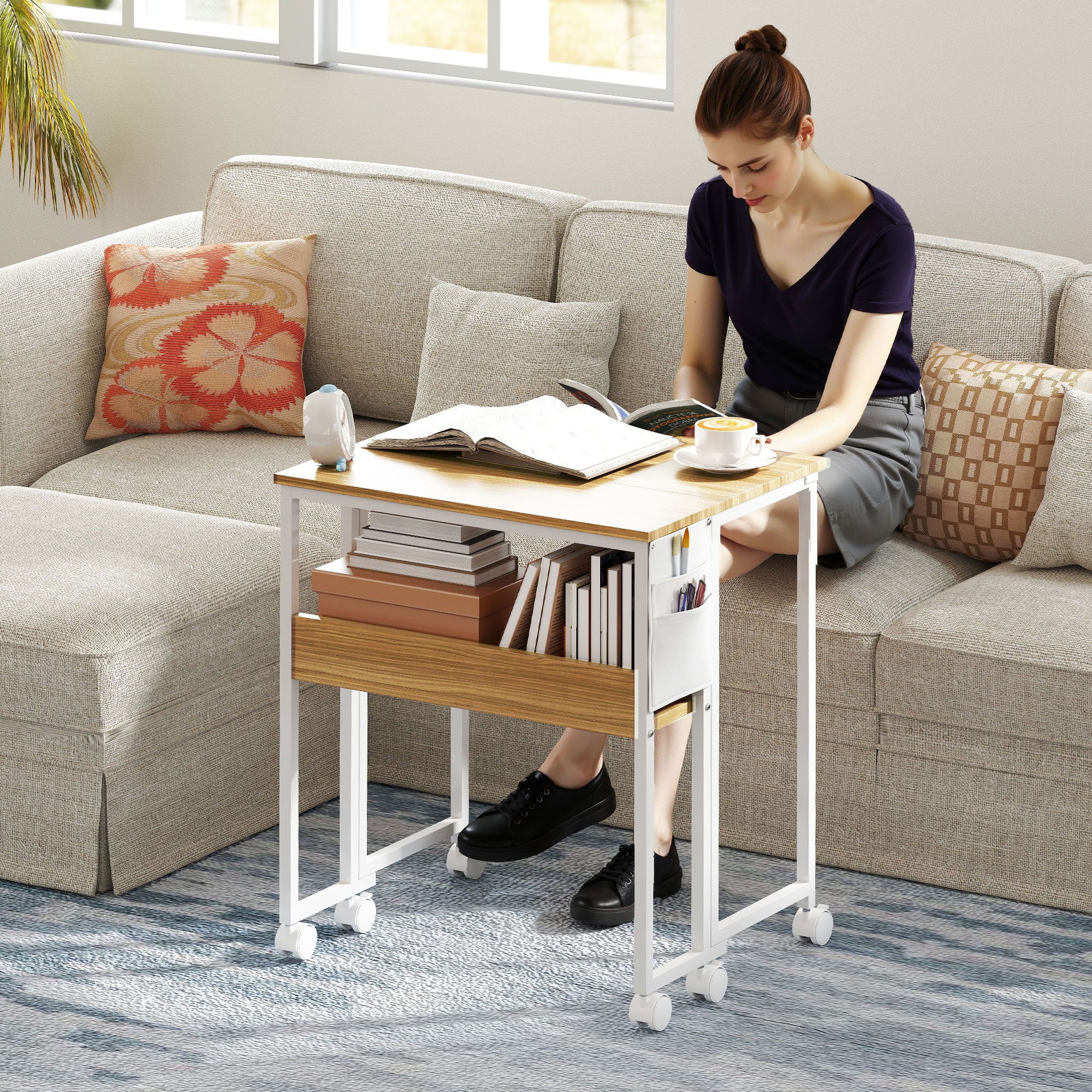 Folding Desk Small 63 cm Foldable Desk with Casters Space-Saving Computer Desk with Shelf, Storage Bag, for Home Office, Natural
