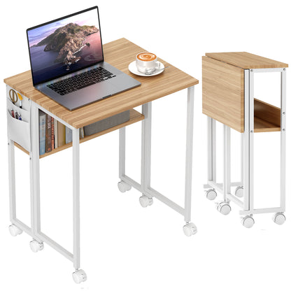 Folding Desk Small 63 cm Foldable Desk with Casters Space-Saving Computer Desk with Shelf, Storage Bag, for Home Office, Natural