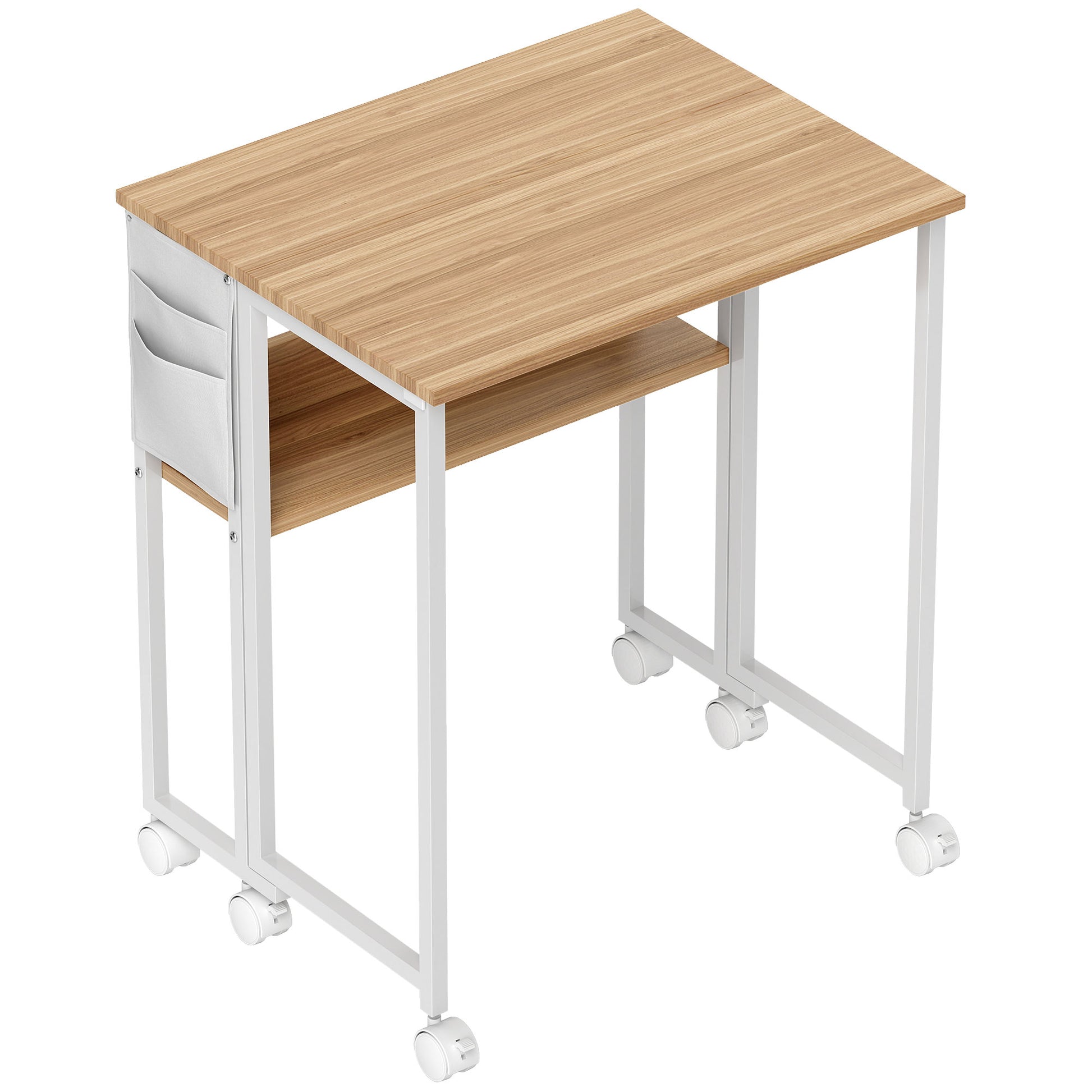 Folding Desk Small 63 cm Foldable Desk with Casters Space-Saving Computer Desk with Shelf, Storage Bag, for Home Office, Natural