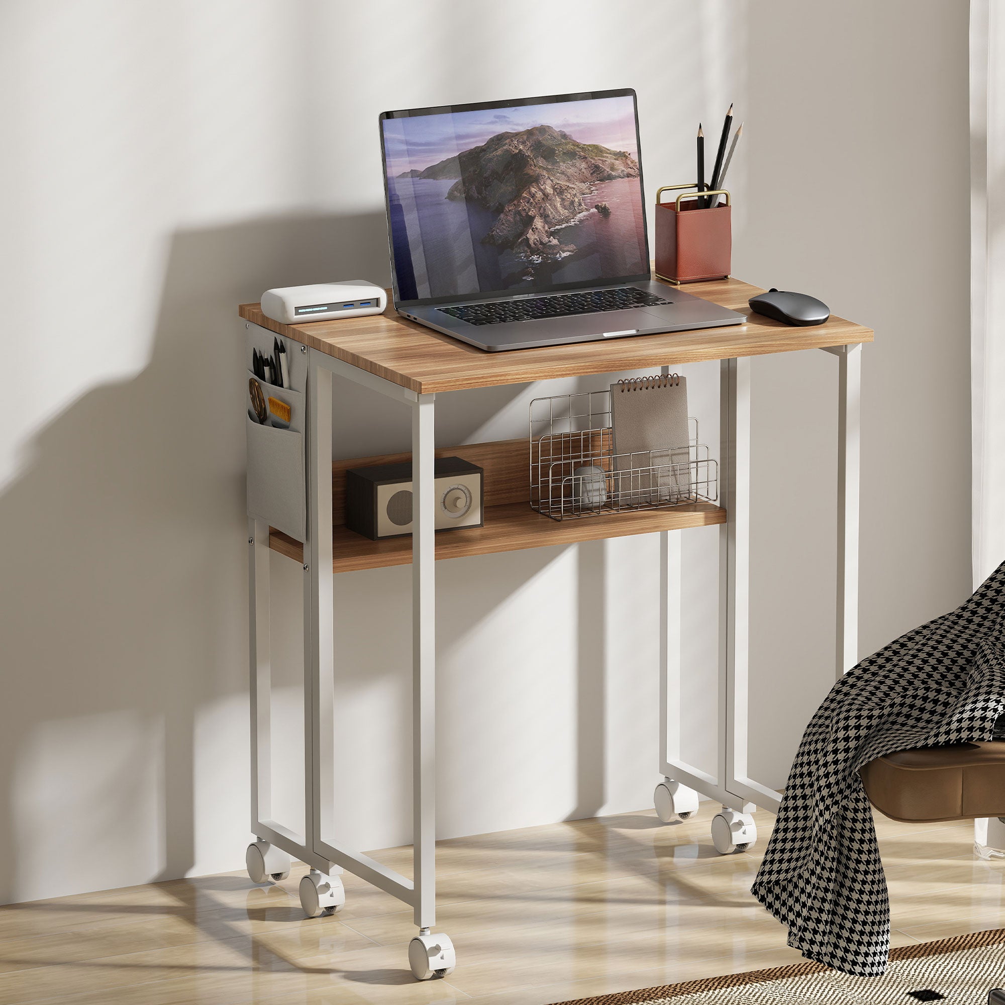 Folding Desk Small 63 cm Foldable Desk with Casters Space-Saving Computer Desk with Shelf, Storage Bag, for Home Office, Natural