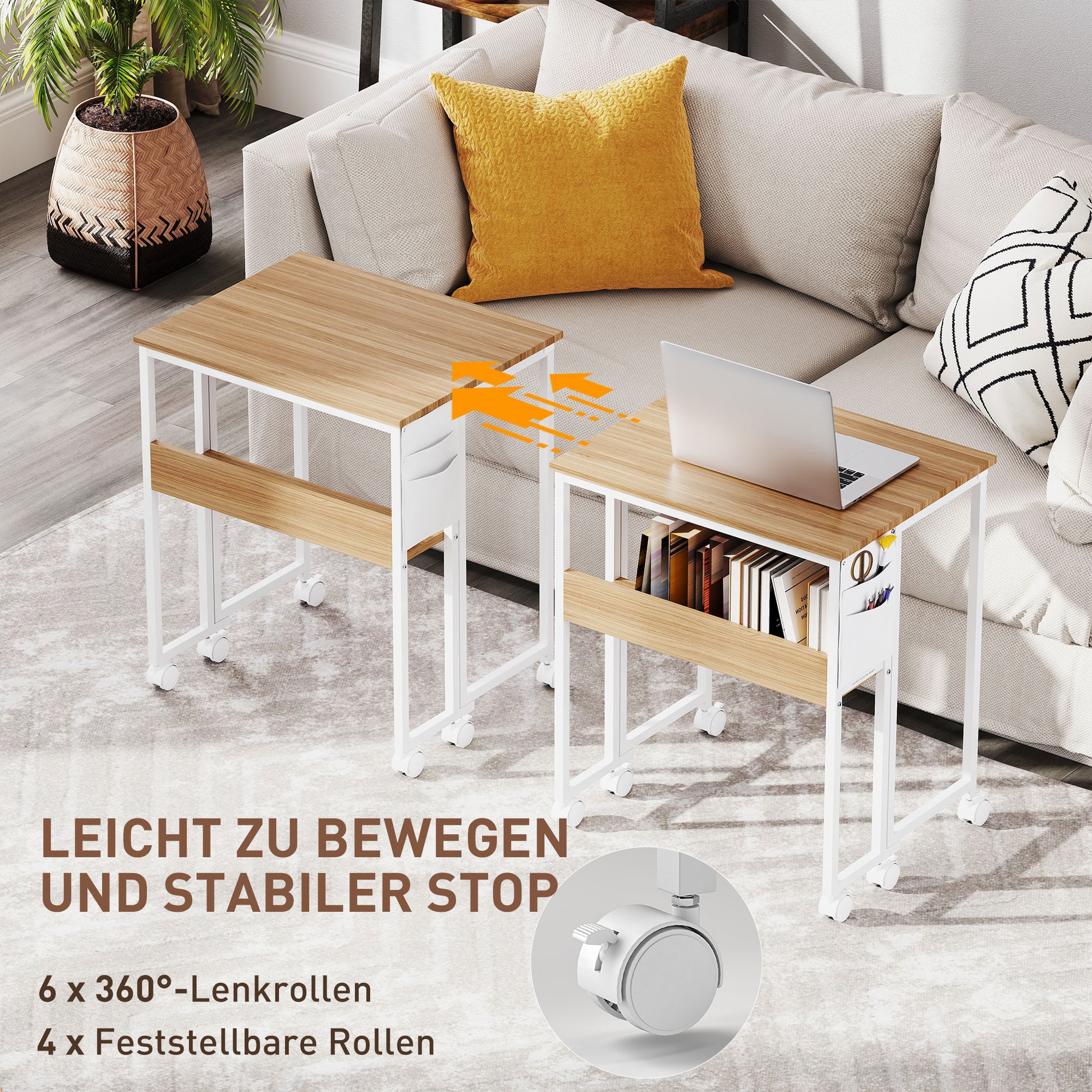 Folding Desk Small 63 cm Foldable Desk with Casters Space-Saving Computer Desk with Shelf, Storage Bag, for Home Office, Natural