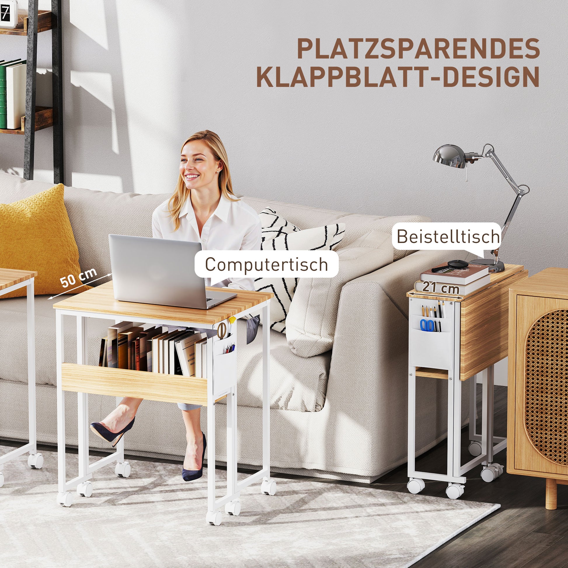 Folding Desk Small 63 cm Foldable Desk with Casters Space-Saving Computer Desk with Shelf, Storage Bag, for Home Office, Natural
