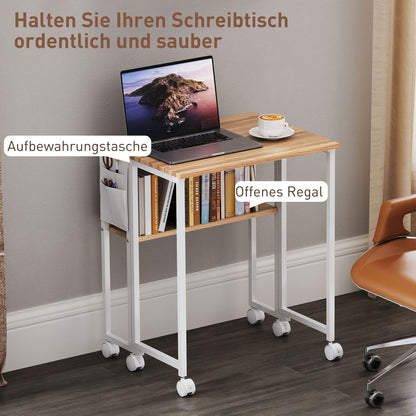 Folding Desk Small 63 cm Foldable Desk with Casters Space-Saving Computer Desk with Shelf, Storage Bag, for Home Office, Natural