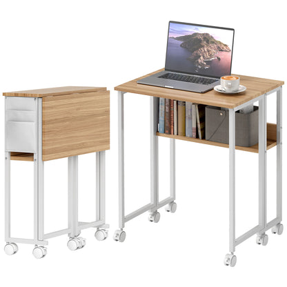 Folding Desk Small 63 cm Foldable Desk with Casters Space-Saving Computer Desk with Shelf, Storage Bag, for Home Office, Natural