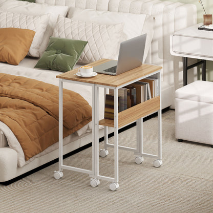 Folding Desk Small 63 cm Foldable Desk with Casters Space-Saving Computer Desk with Shelf, Storage Bag, for Home Office, Natural