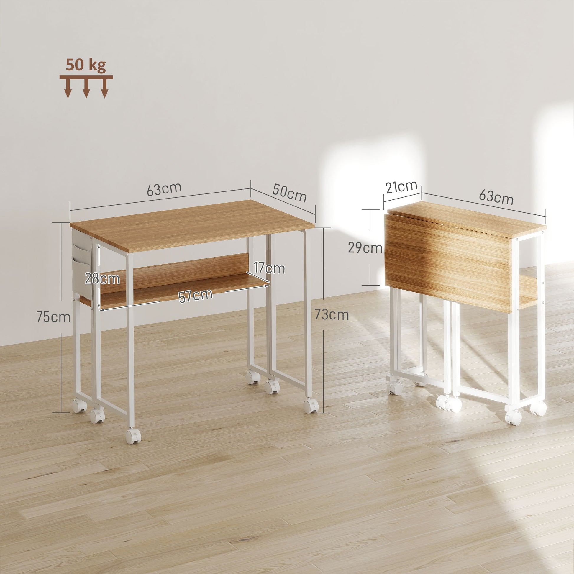 Folding Desk Small 63 cm Foldable Desk with Casters Space-Saving Computer Desk with Shelf, Storage Bag, for Home Office, Natural