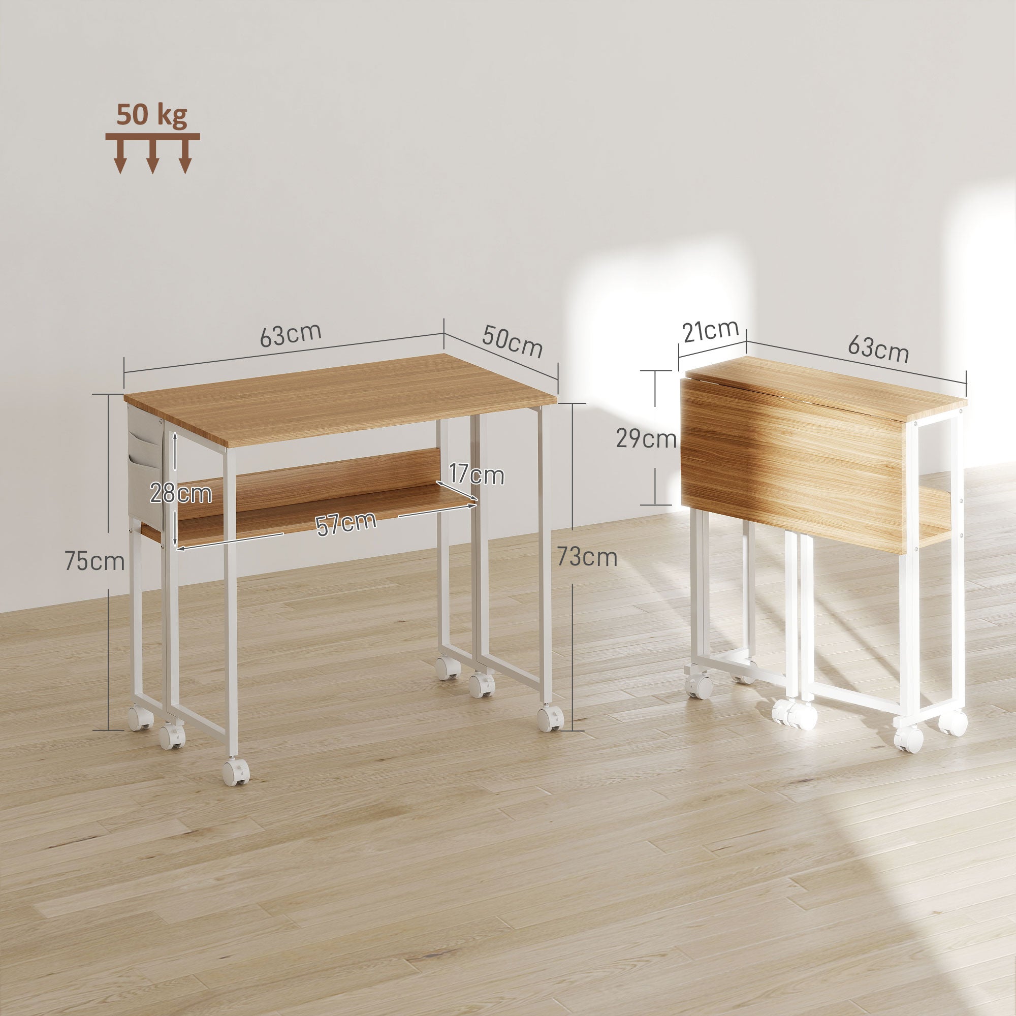 Folding Desk Small 63 cm Foldable Desk with Casters Space-Saving Computer Desk with Shelf, Storage Bag, for Home Office, Natural