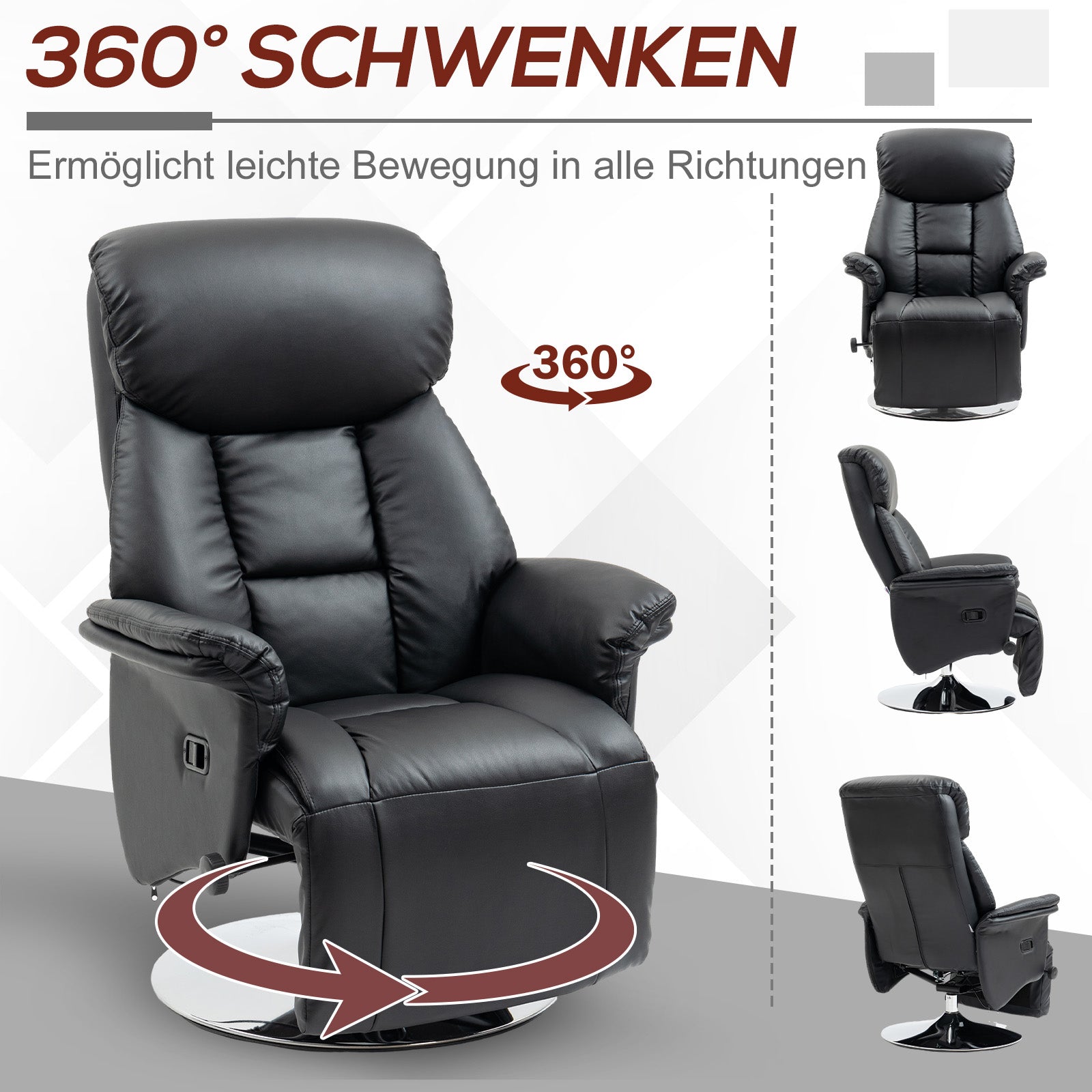 Reclining Chair Swivel TV Armchair with Reclining Function, Footrest, TV Chair up to 150 kg Load Capacity, for Living Room, Faux Leather, Black