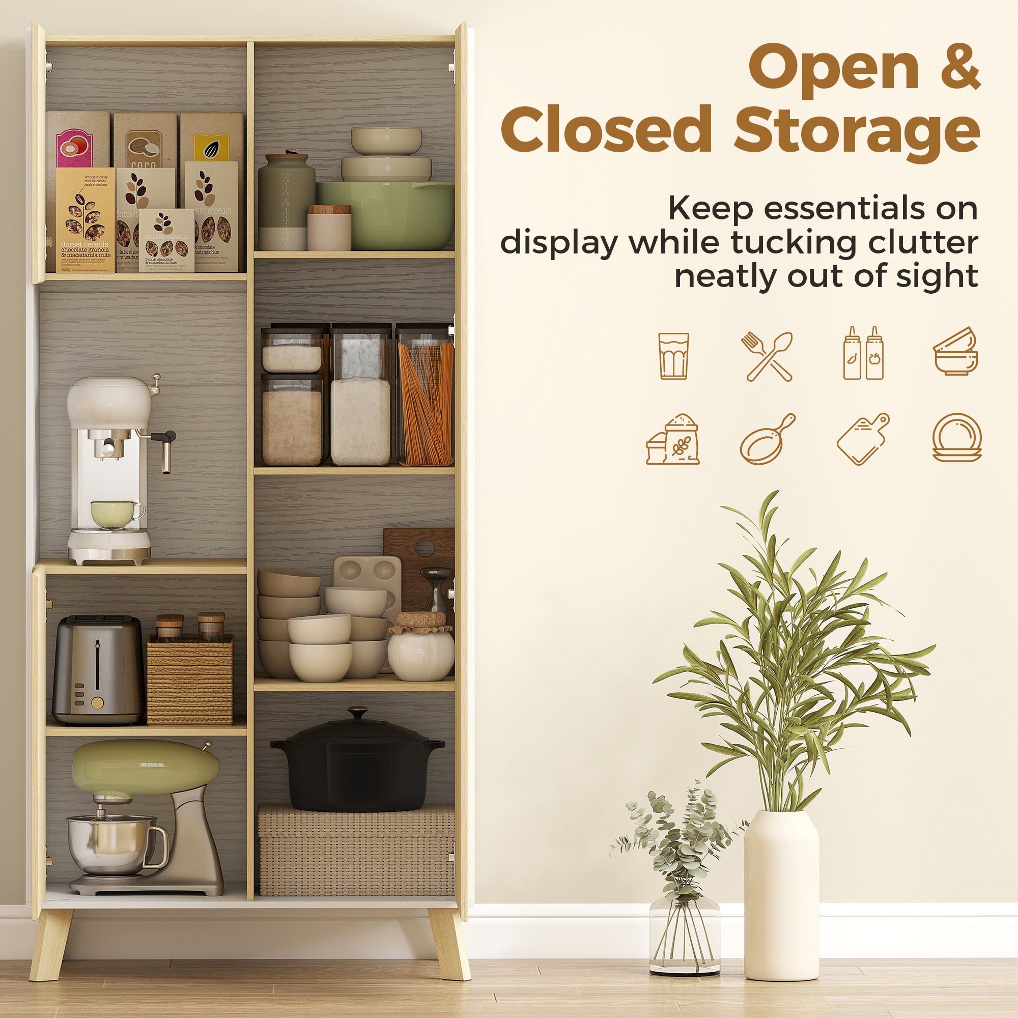 Tall Pantry Cabinet with Open Compartment, 3 Doors, Adjustable Shelves — Modern Kitchen Storage, Natural/White, 31.5 x 15.7 x 66.9 in