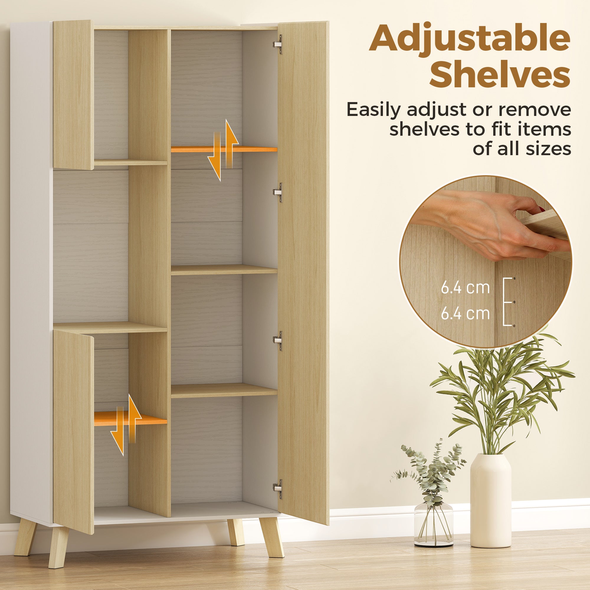 Tall Pantry Cabinet with Open Compartment, 3 Doors, Adjustable Shelves — Modern Kitchen Storage, Natural/White, 31.5 x 15.7 x 66.9 in