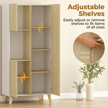Tall Pantry Cabinet with Open Compartment, 3 Doors, Adjustable Shelves — Modern Kitchen Storage, Natural/White, 31.5 x 15.7 x 66.9 in