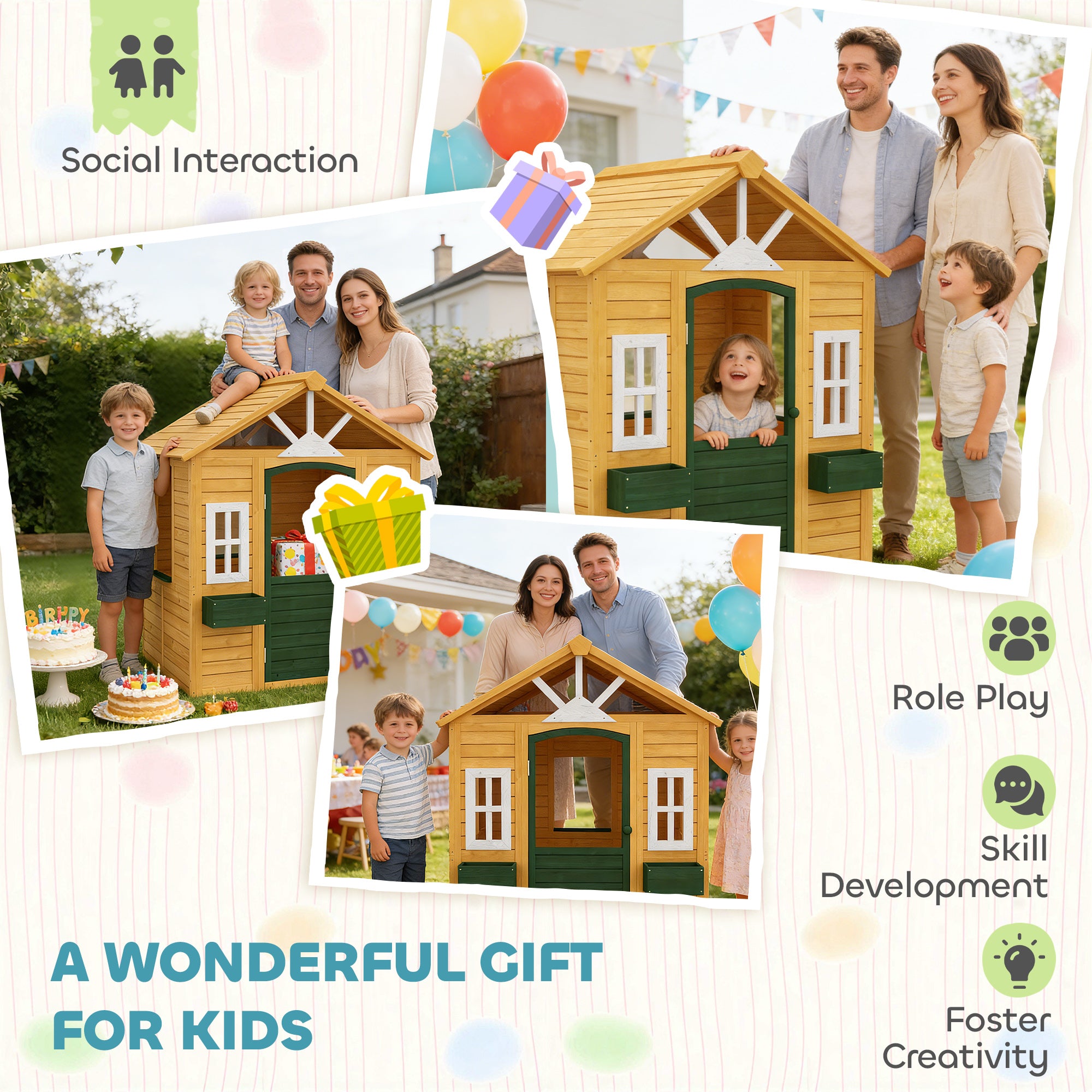 Wooden Kids Playhouse Outdoor — Door, 3 Windows, 2 Planters, Ages 3–8 — 53 x 38 x 59 in (134.5 x 97 x 150 cm), Brown