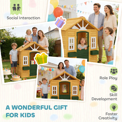 Wooden Kids Playhouse Outdoor — Door, 3 Windows, 2 Planters, Ages 3–8 — 53 x 38 x 59 in (134.5 x 97 x 150 cm), Brown