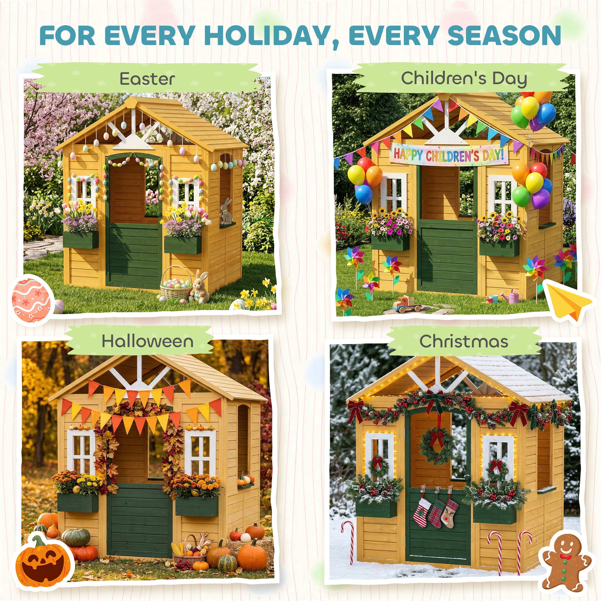 Wooden Kids Playhouse Outdoor — Door, 3 Windows, 2 Planters, Ages 3–8 — 53 x 38 x 59 in (134.5 x 97 x 150 cm), Brown