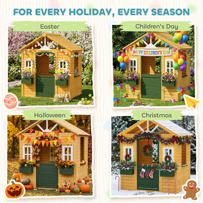 Wooden Kids Playhouse Outdoor — Door, 3 Windows, 2 Planters, Ages 3–8 — 53 x 38 x 59 in (134.5 x 97 x 150 cm), Brown