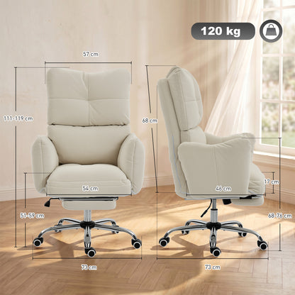 Ergonomic Office Chair with Footrest — Snow-White Flannel, Thick Padding, High Back, Height Adjustable, Cream White