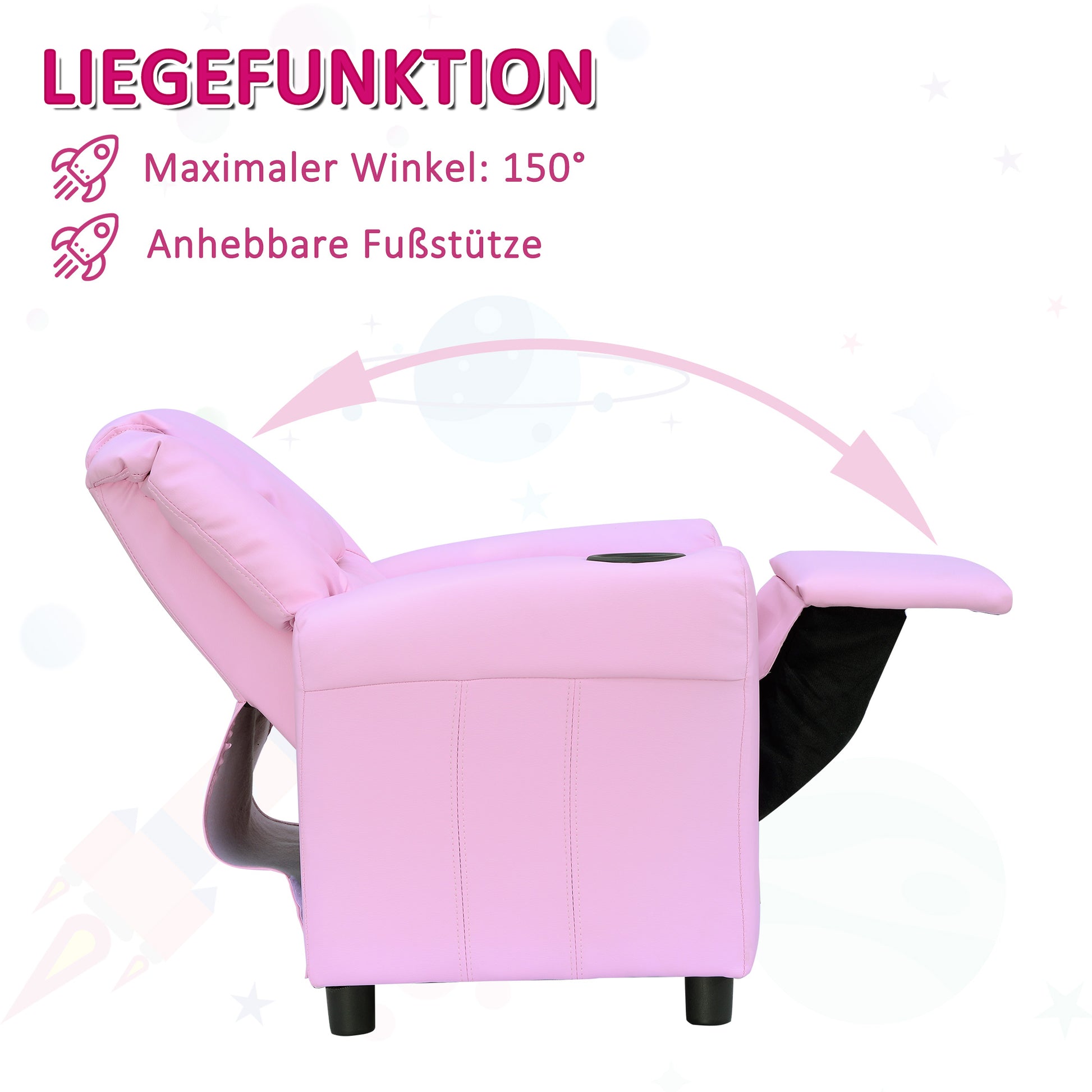 Kids Chair, Minichair, Kids Sofa for 3-6 Years Old, Reclining Function, Built-in Cup Holder, Pink, 62 x 56 x 69 cm