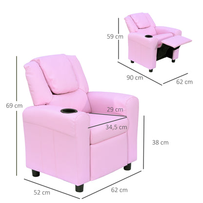 Kids Chair, Minichair, Kids Sofa for 3-6 Years Old, Reclining Function, Built-in Cup Holder, Pink, 62 x 56 x 69 cm