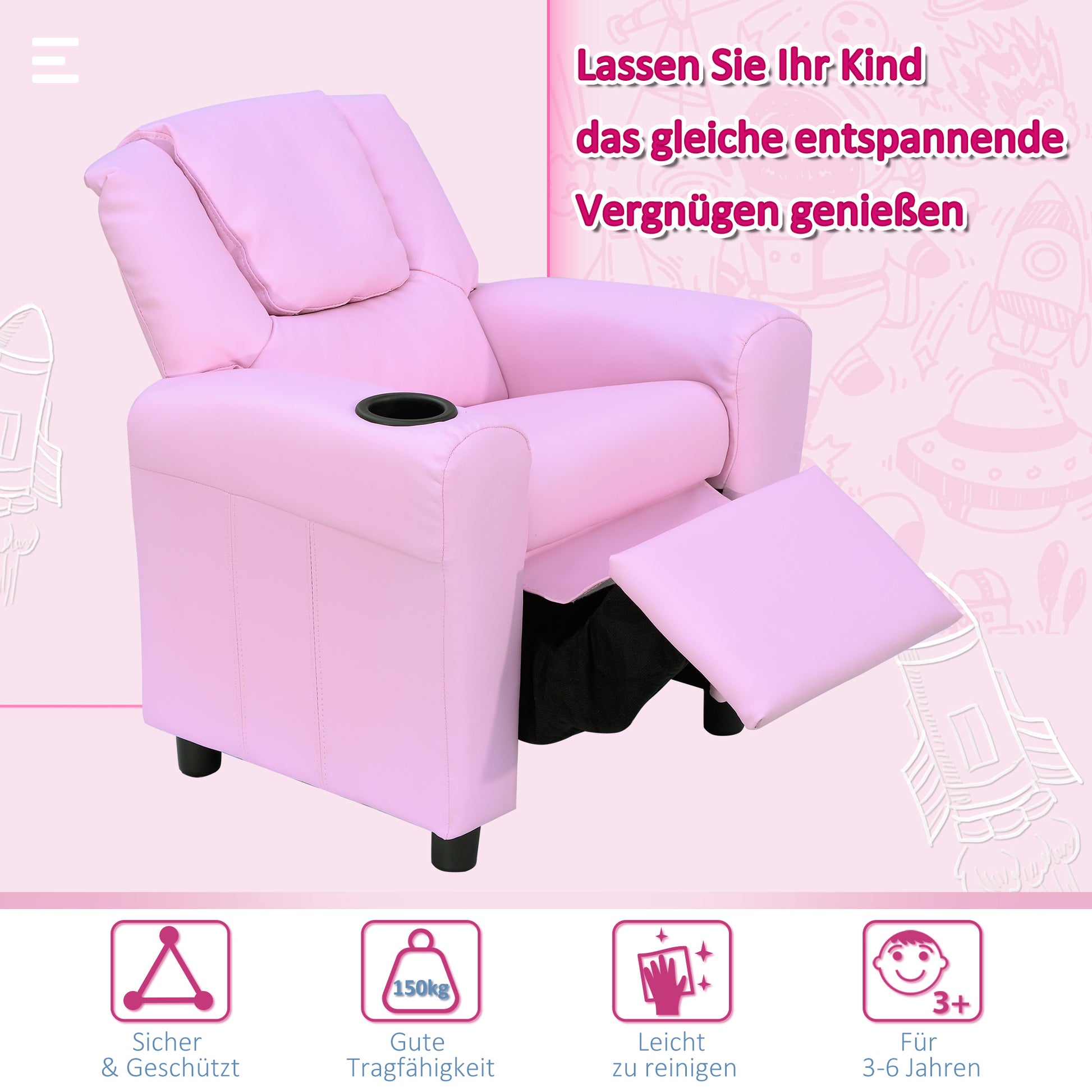 Kids Chair, Minichair, Kids Sofa for 3-6 Years Old, Reclining Function, Built-in Cup Holder, Pink, 62 x 56 x 69 cm