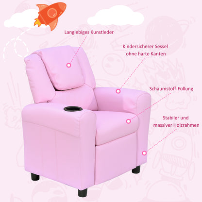 Kids Chair, Minichair, Kids Sofa for 3-6 Years Old, Reclining Function, Built-in Cup Holder, Pink, 62 x 56 x 69 cm