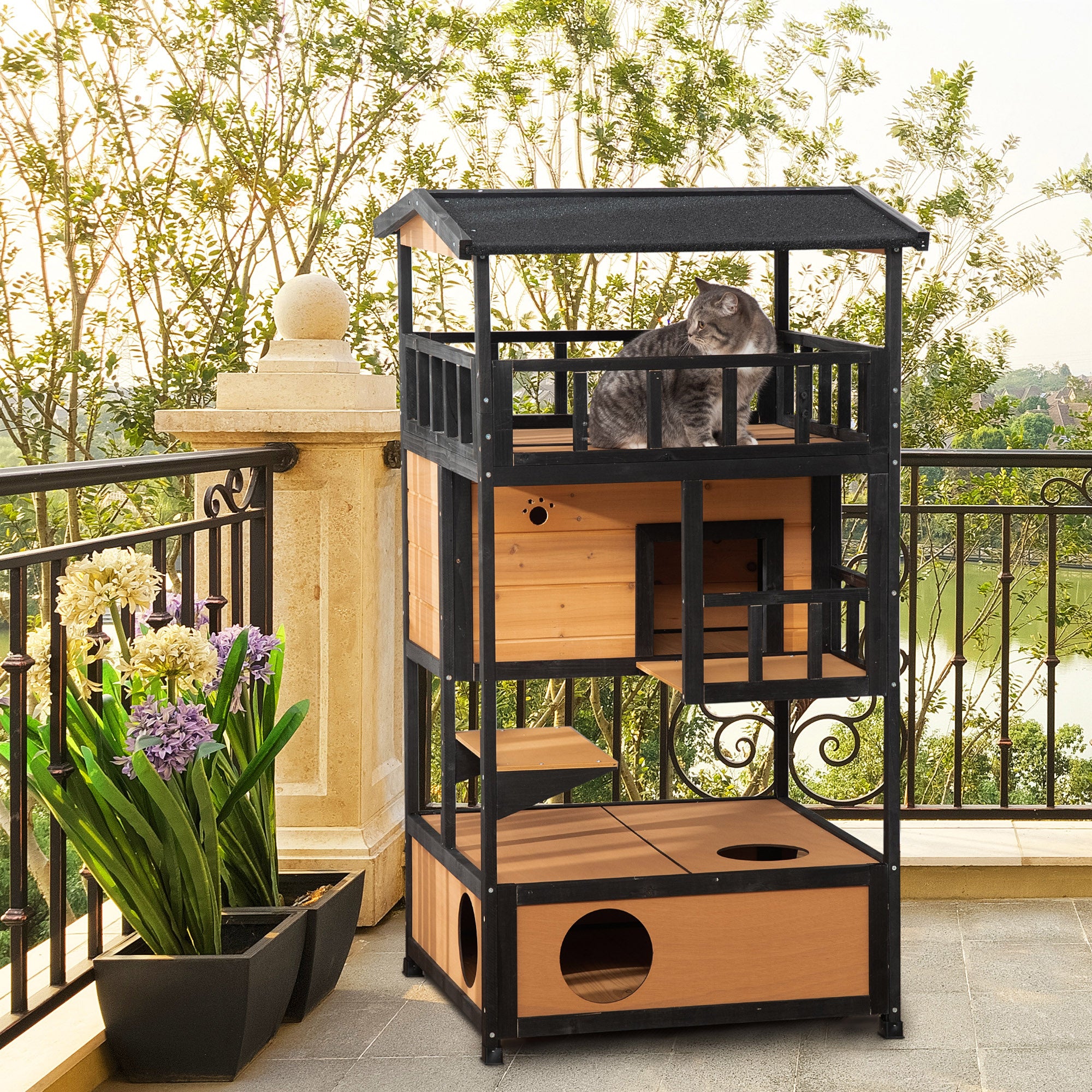 Cat House, Pine Wood, Outdoor Cat Hut with Terrace, Cat Cave, 4 Floors, Cat Villa with Stairs, Asphalt Roof, Winterproof, Small Animal House, Yellow, 75.5 x 75 x 137 cm