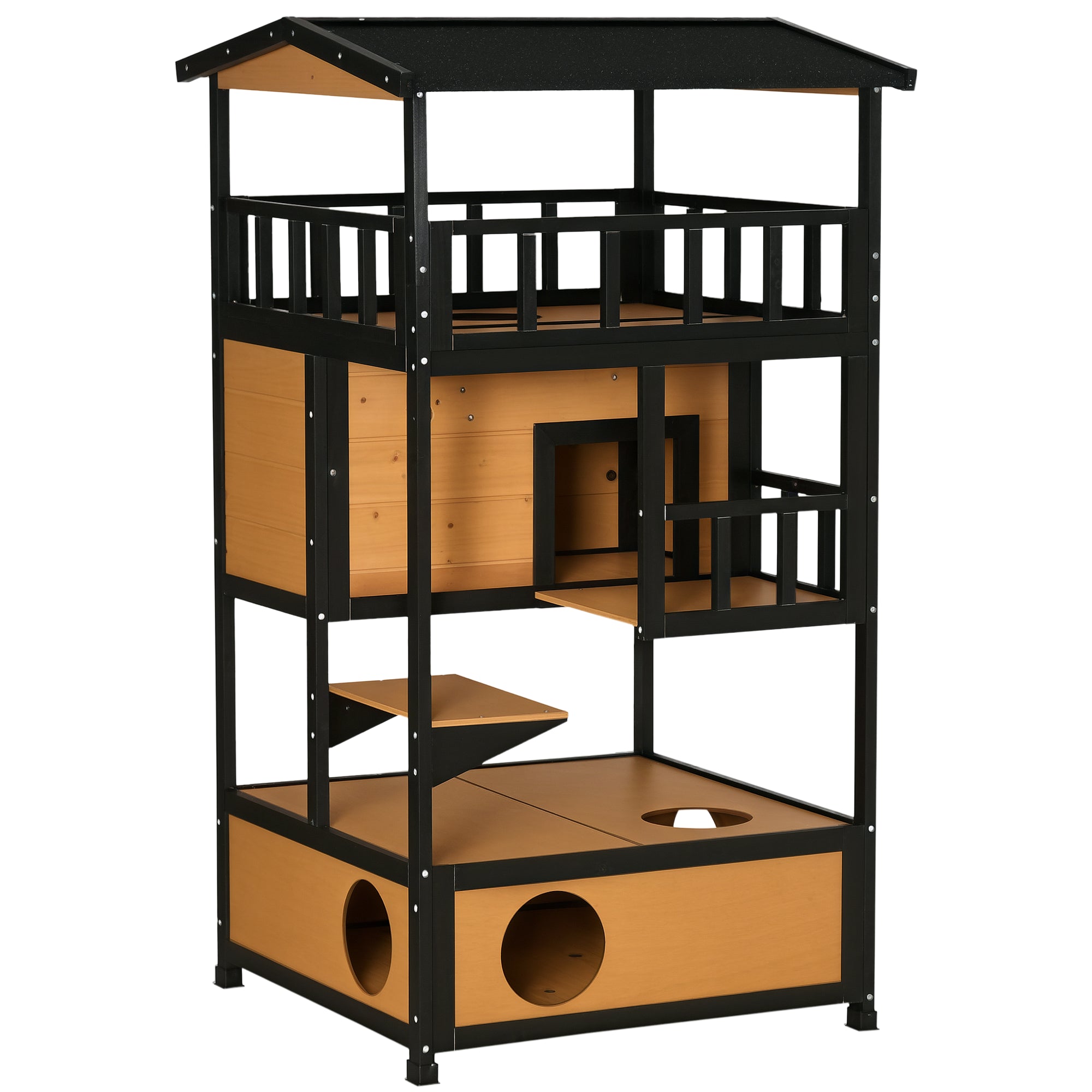 Cat House, Pine Wood, Outdoor Cat Hut with Terrace, Cat Cave, 4 Floors, Cat Villa with Stairs, Asphalt Roof, Winterproof, Small Animal House, Yellow, 75.5 x 75 x 137 cm