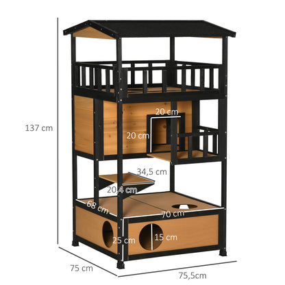 Cat House, Pine Wood, Outdoor Cat Hut with Terrace, Cat Cave, 4 Floors, Cat Villa with Stairs, Asphalt Roof, Winterproof, Small Animal House, Yellow, 75.5 x 75 x 137 cm