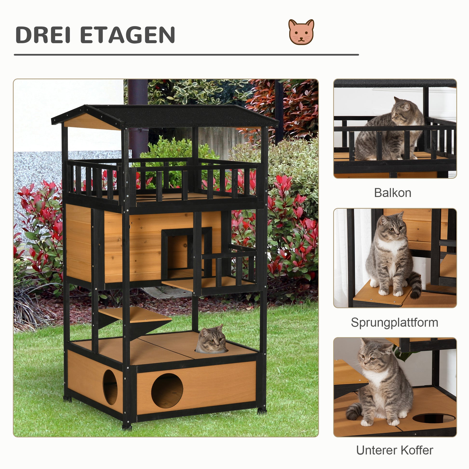 Cat House, Pine Wood, Outdoor Cat Hut with Terrace, Cat Cave, 4 Floors, Cat Villa with Stairs, Asphalt Roof, Winterproof, Small Animal House, Yellow, 75.5 x 75 x 137 cm