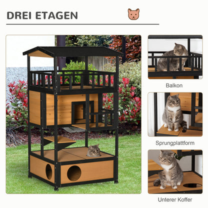 Cat House, Pine Wood, Outdoor Cat Hut with Terrace, Cat Cave, 4 Floors, Cat Villa with Stairs, Asphalt Roof, Winterproof, Small Animal House, Yellow, 75.5 x 75 x 137 cm
