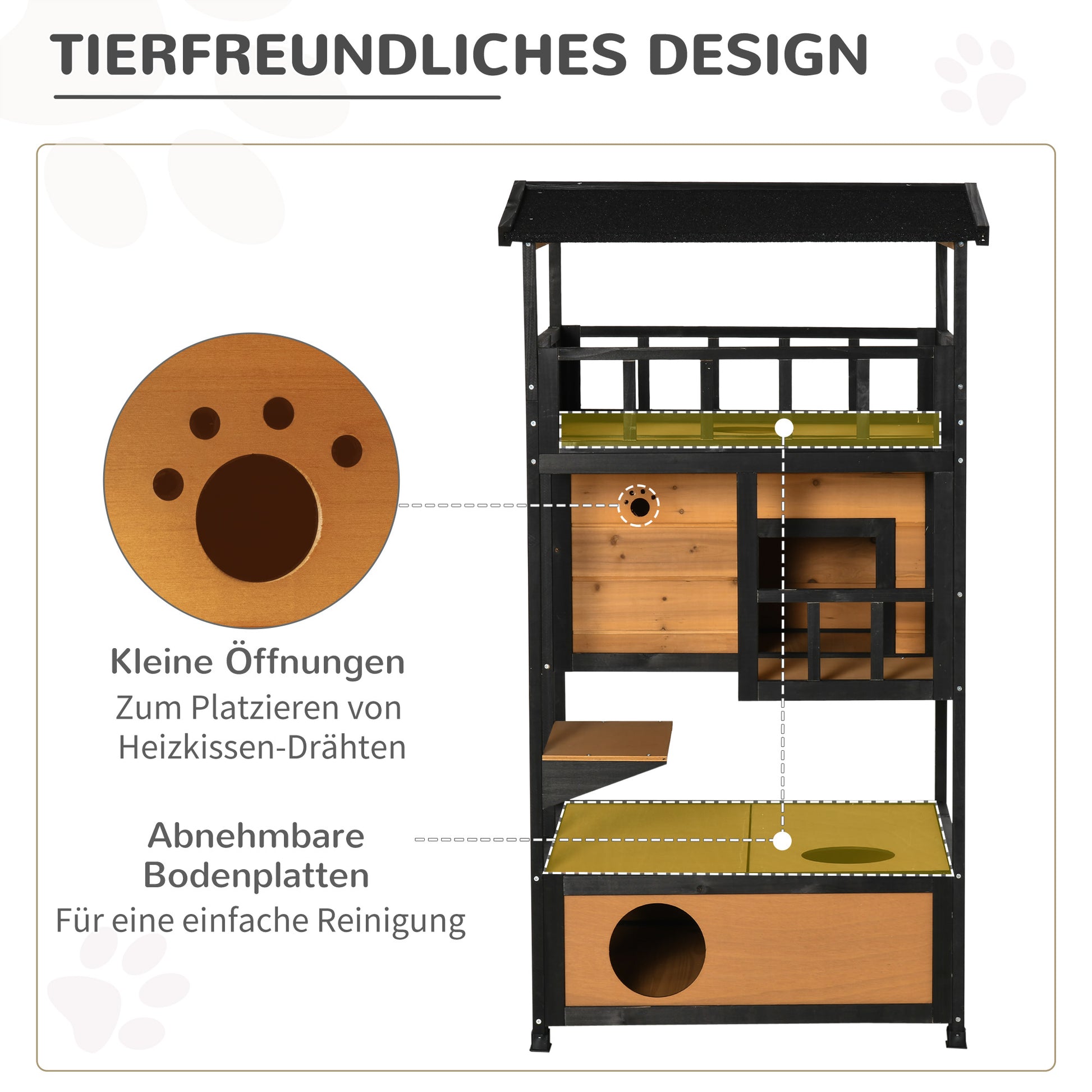 Cat House, Pine Wood, Outdoor Cat Hut with Terrace, Cat Cave, 4 Floors, Cat Villa with Stairs, Asphalt Roof, Winterproof, Small Animal House, Yellow, 75.5 x 75 x 137 cm