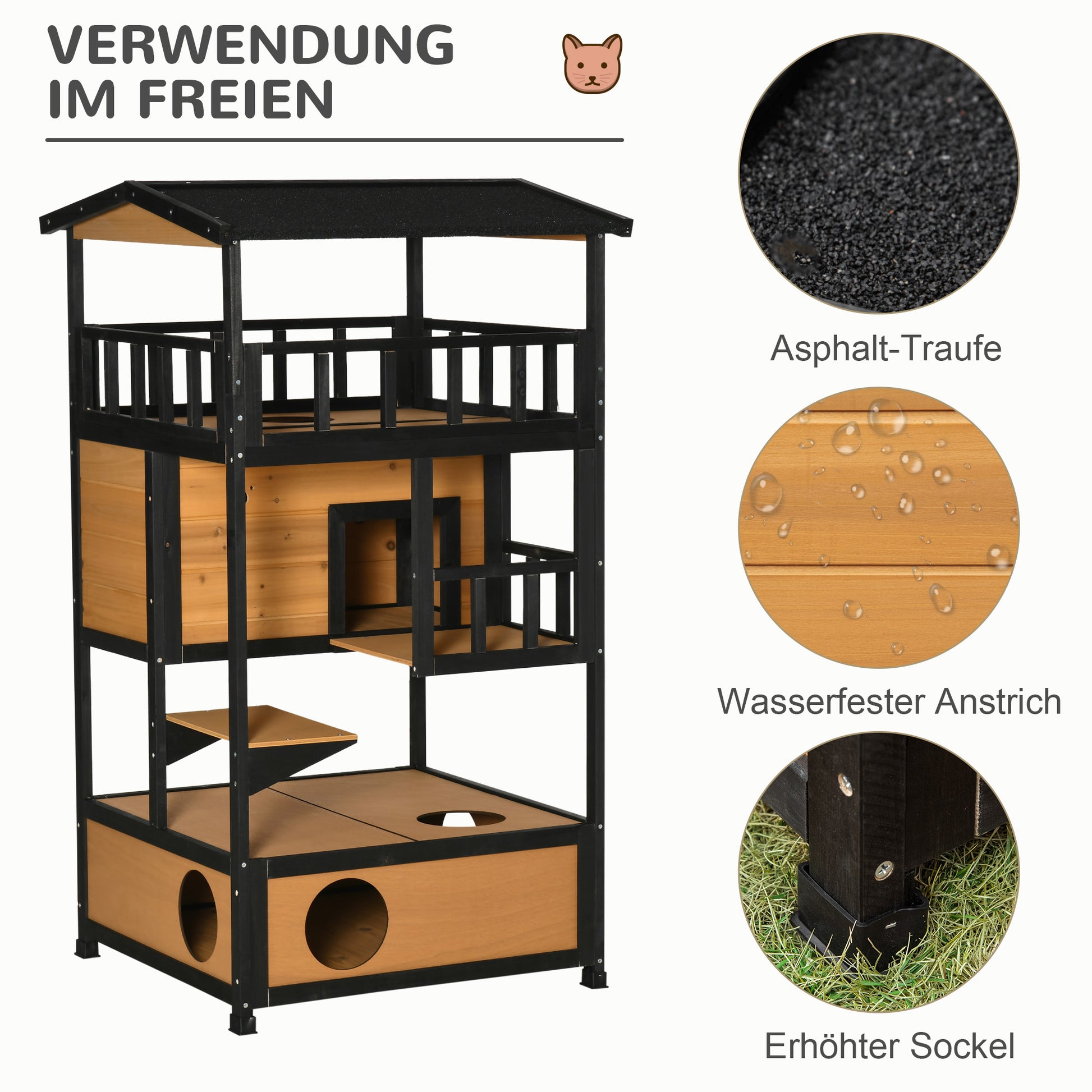Cat House, Pine Wood, Outdoor Cat Hut with Terrace, Cat Cave, 4 Floors, Cat Villa with Stairs, Asphalt Roof, Winterproof, Small Animal House, Yellow, 75.5 x 75 x 137 cm