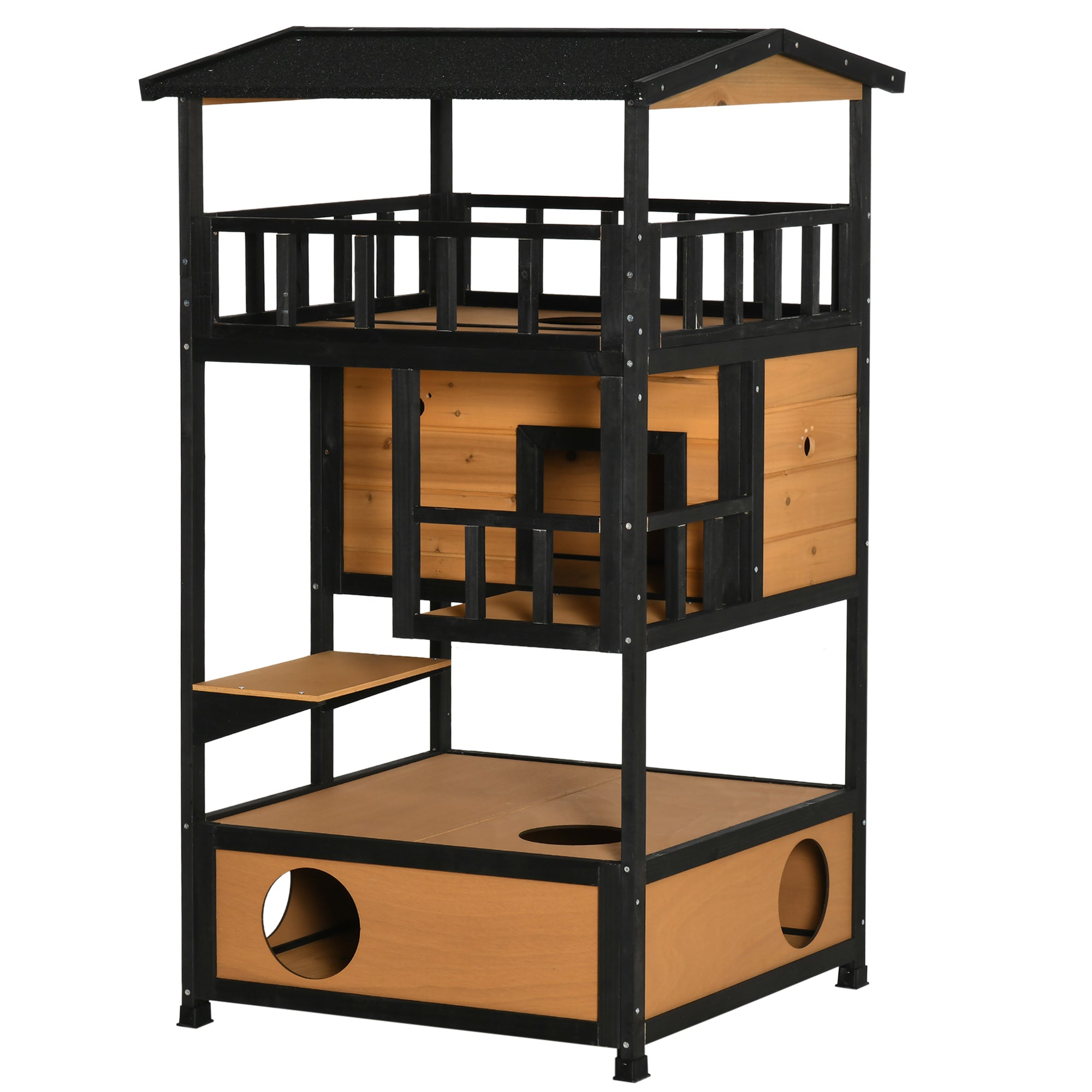 Cat House, Pine Wood, Outdoor Cat Hut with Terrace, Cat Cave, 4 Floors, Cat Villa with Stairs, Asphalt Roof, Winterproof, Small Animal House, Yellow, 75.5 x 75 x 137 cm