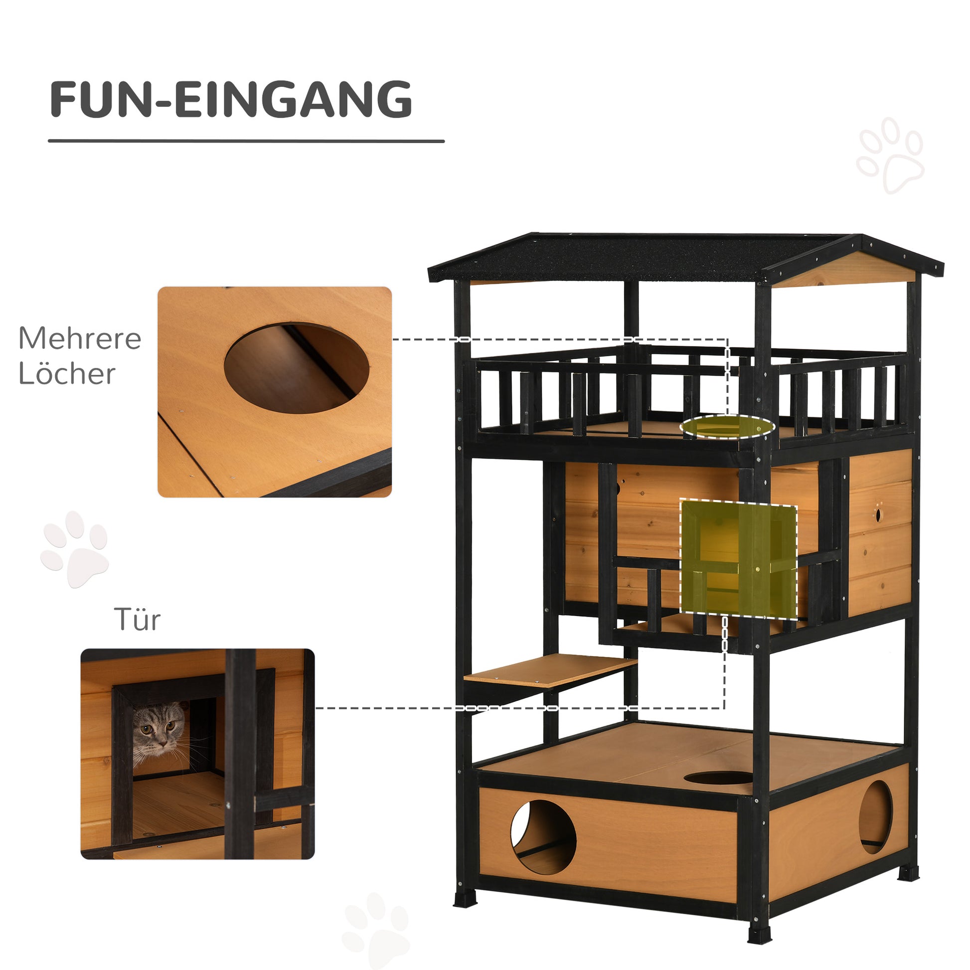 Cat House, Pine Wood, Outdoor Cat Hut with Terrace, Cat Cave, 4 Floors, Cat Villa with Stairs, Asphalt Roof, Winterproof, Small Animal House, Yellow, 75.5 x 75 x 137 cm