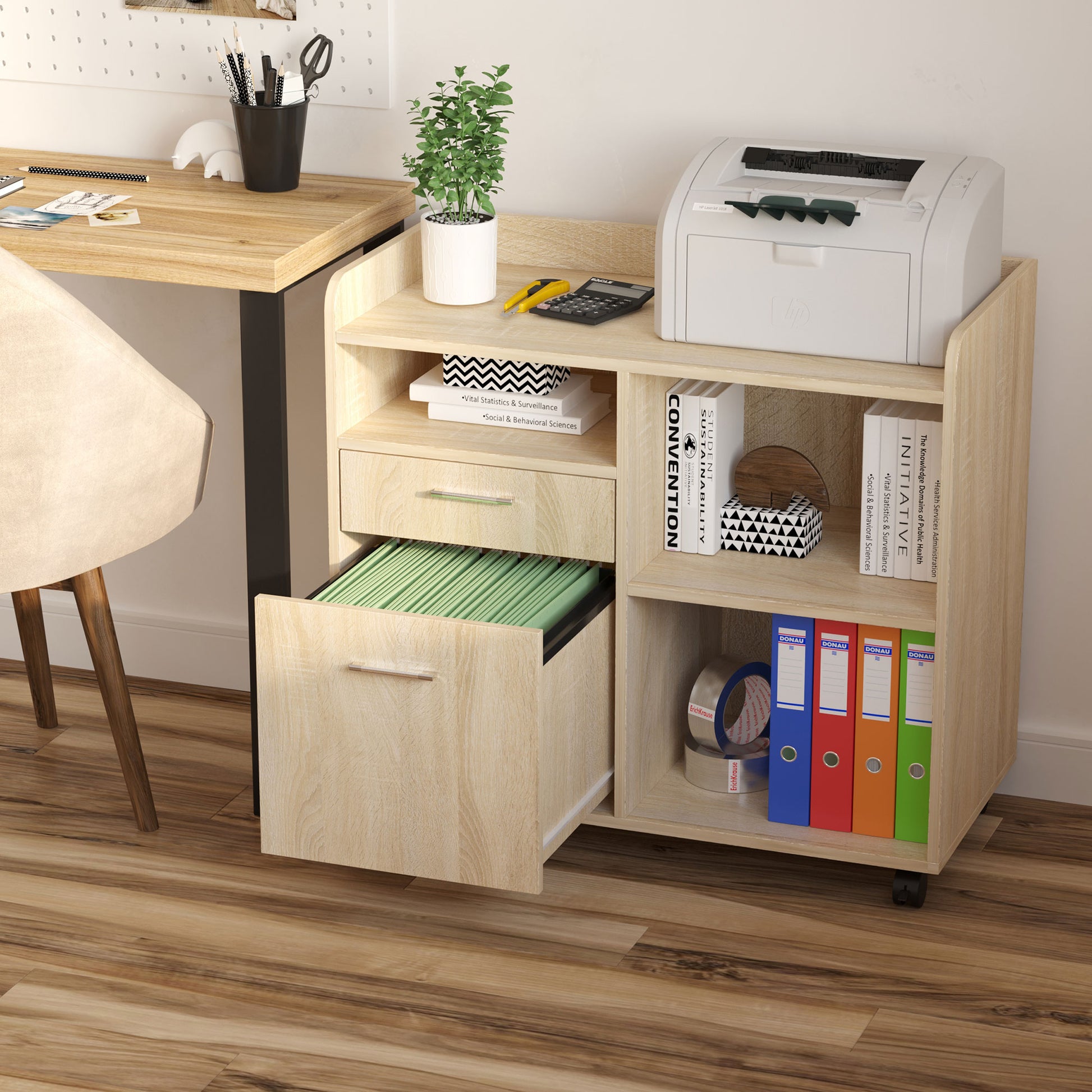 Office Printer Stand Multifunctional Office Cart with 3 Compartments 2 Drawers for Files Adjustable Shelf Wheels with 2 Brakes 80x40x72 cm Oak