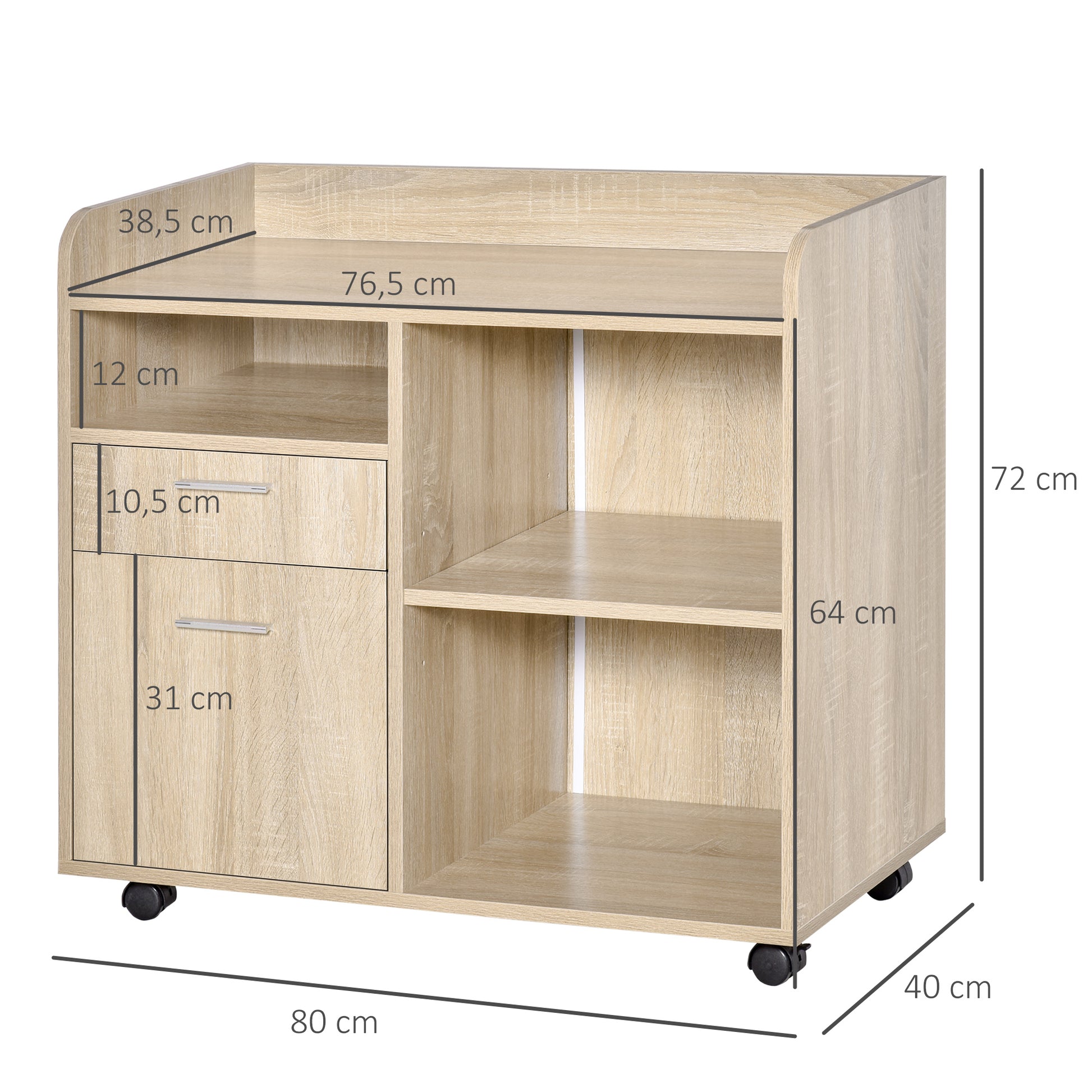 Office Printer Stand Multifunctional Office Cart with 3 Compartments 2 Drawers for Files Adjustable Shelf Wheels with 2 Brakes 80x40x72 cm Oak