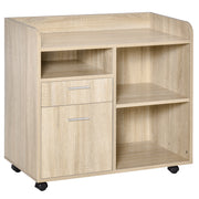 Office Printer Stand Multifunctional Office Cart with 3 Compartments 2 Drawers for Files Adjustable Shelf Wheels with 2 Brakes 80x40x72 cm Oak