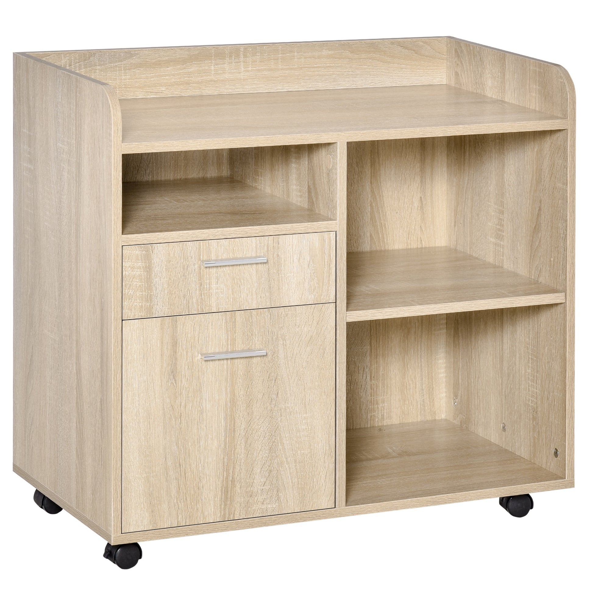 Office Printer Stand Multifunctional Office Cart with 3 Compartments 2 Drawers for Files Adjustable Shelf Wheels with 2 Brakes 80x40x72 cm Oak