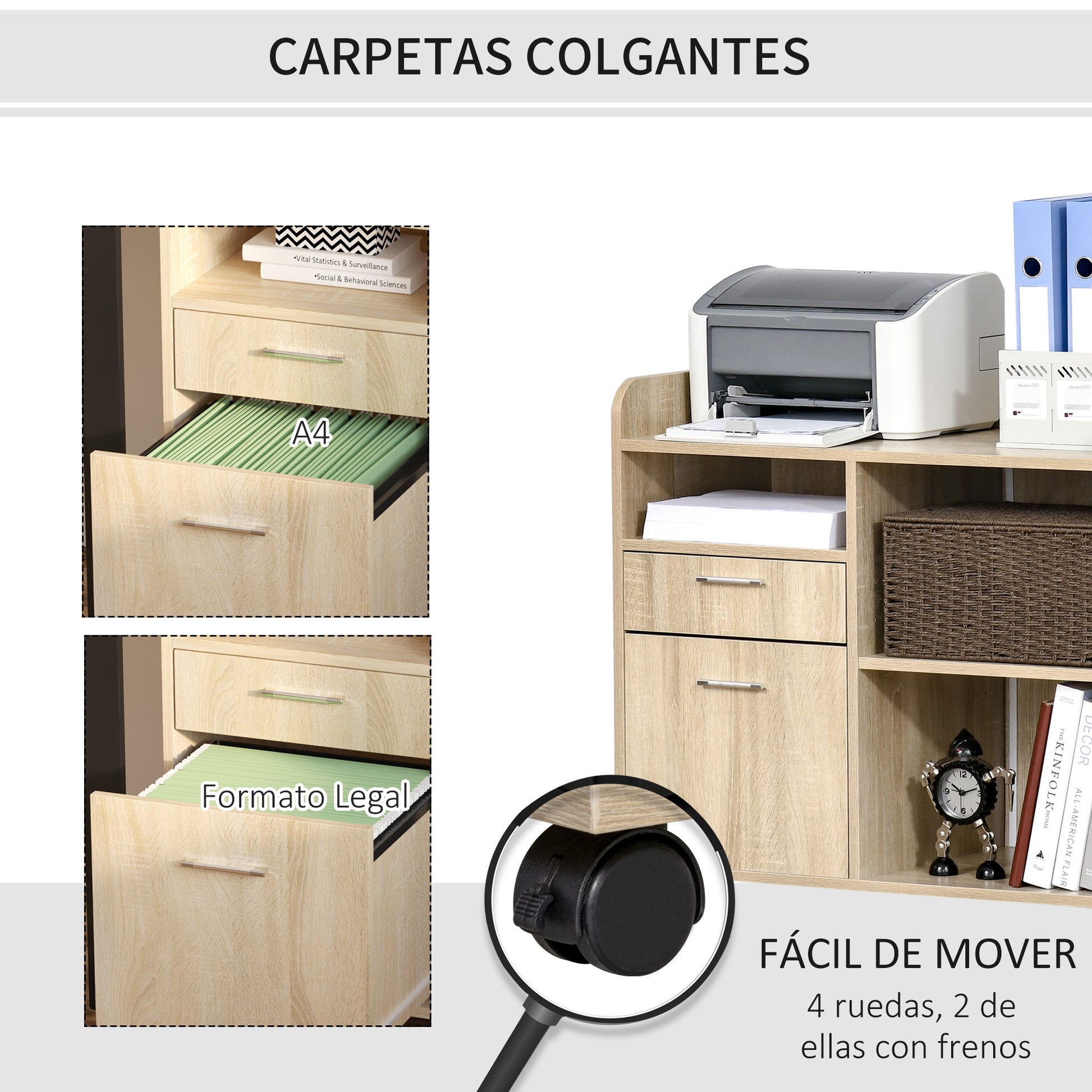 Office Printer Stand Multifunctional Office Cart with 3 Compartments 2 Drawers for Files Adjustable Shelf Wheels with 2 Brakes 80x40x72 cm Oak