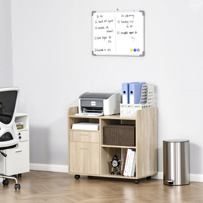 Office Printer Stand Multifunctional Office Cart with 3 Compartments 2 Drawers for Files Adjustable Shelf Wheels with 2 Brakes 80x40x72 cm Oak
