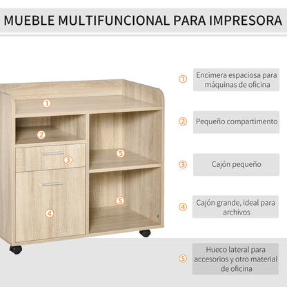 Office Printer Stand Multifunctional Office Cart with 3 Compartments 2 Drawers for Files Adjustable Shelf Wheels with 2 Brakes 80x40x72 cm Oak