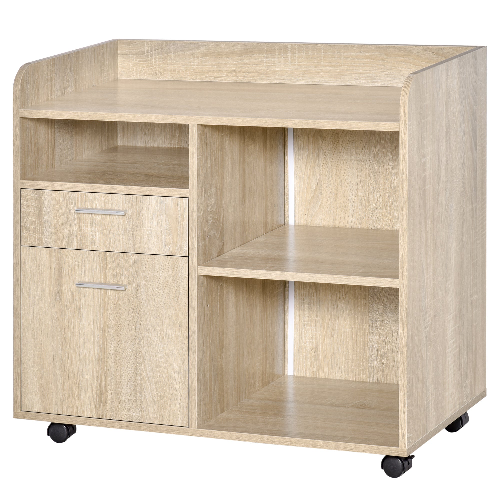Office Printer Stand Multifunctional Office Cart with 3 Compartments 2 Drawers for Files Adjustable Shelf Wheels with 2 Brakes 80x40x72 cm Oak