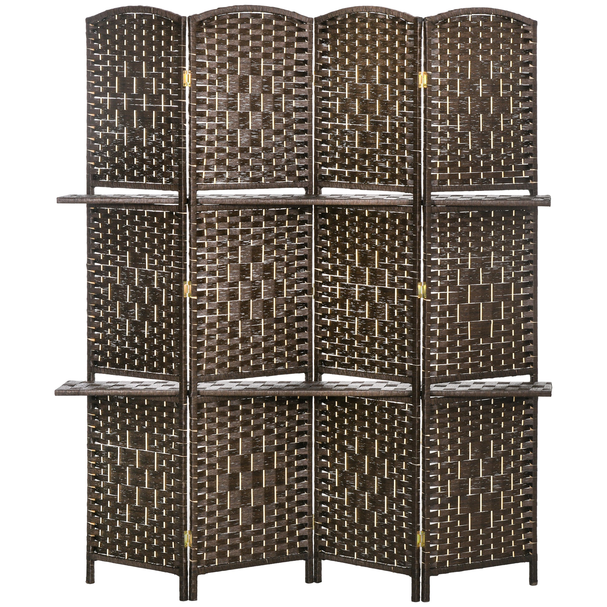 Room Divider 4 Panels 160 x170 cm with 2 Shelves, Folding, Pine Wood for Office, Living Room, Bedroom, Brown