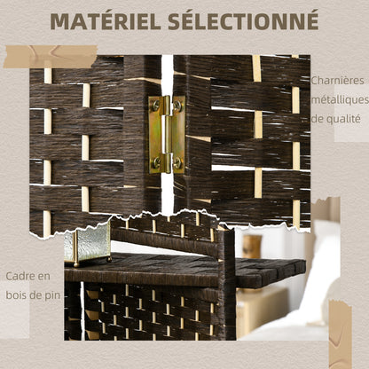 Room Divider 4 Panels 160 x170 cm with 2 Shelves, Folding, Pine Wood for Office, Living Room, Bedroom, Brown