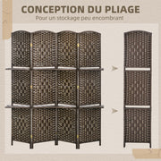 Room Divider 4 Panels 160 x170 cm with 2 Shelves, Folding, Pine Wood for Office, Living Room, Bedroom, Brown