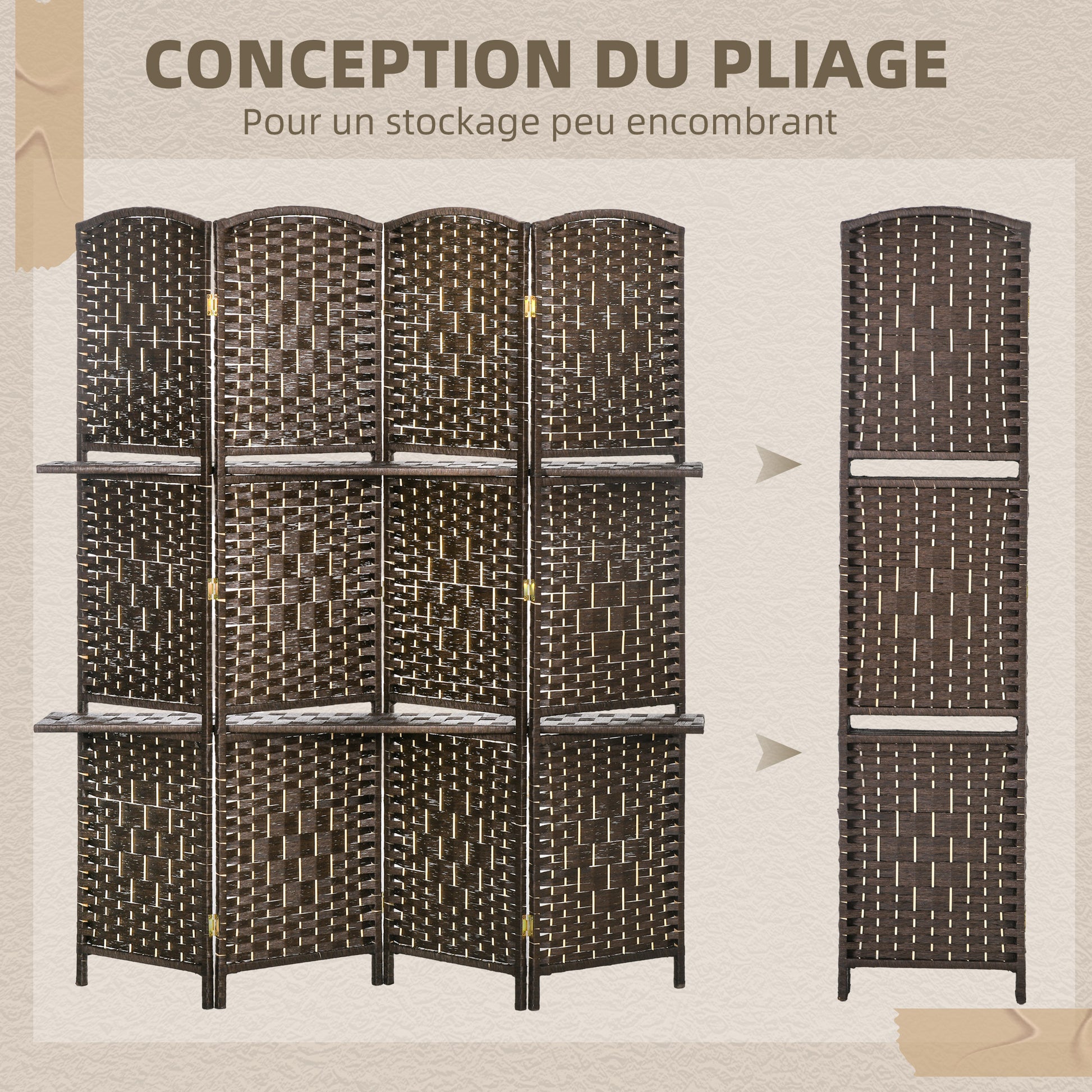 Room Divider 4 Panels 160 x170 cm with 2 Shelves, Folding, Pine Wood for Office, Living Room, Bedroom, Brown