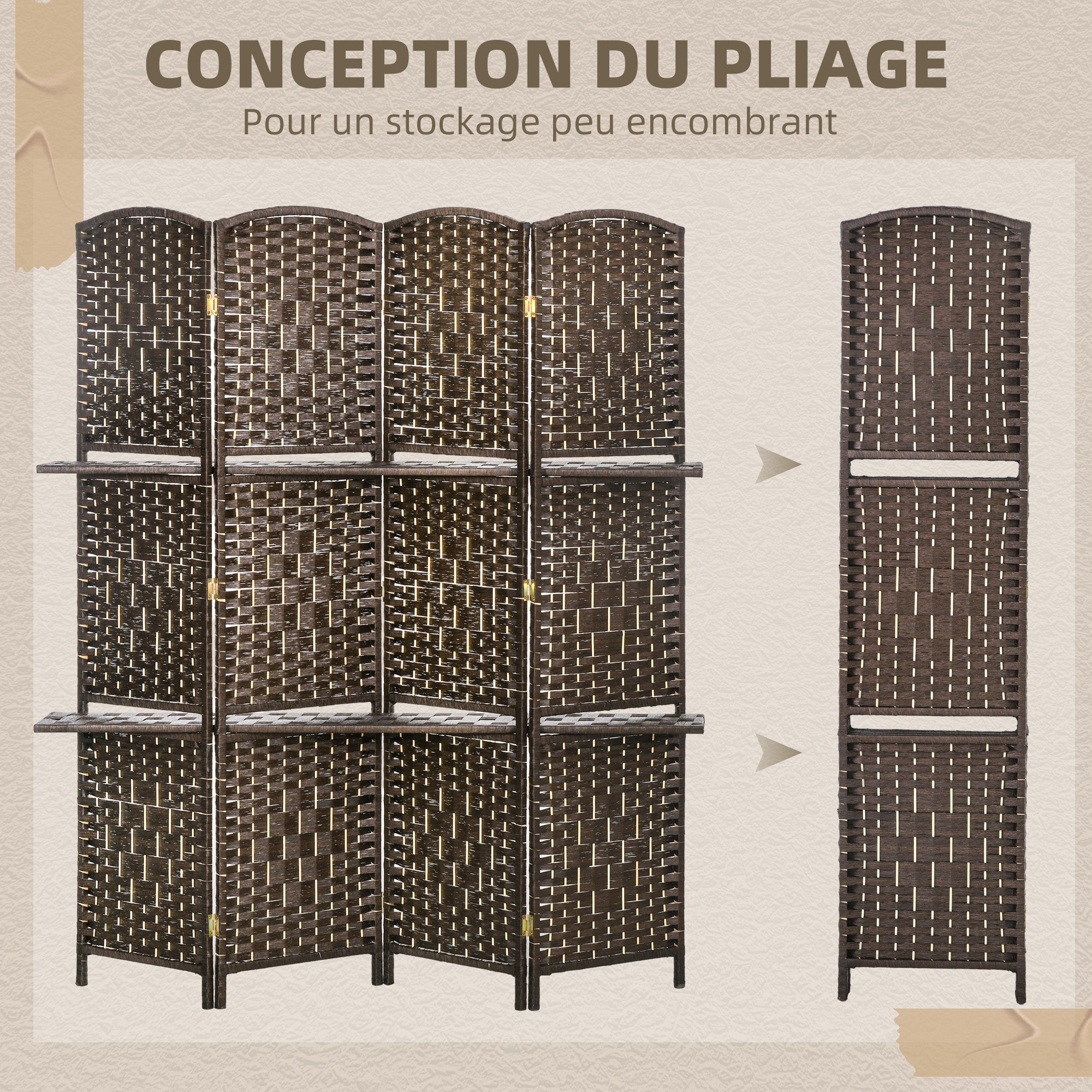 Room Divider 4 Panels 160 x170 cm with 2 Shelves, Folding, Pine Wood for Office, Living Room, Bedroom, Brown