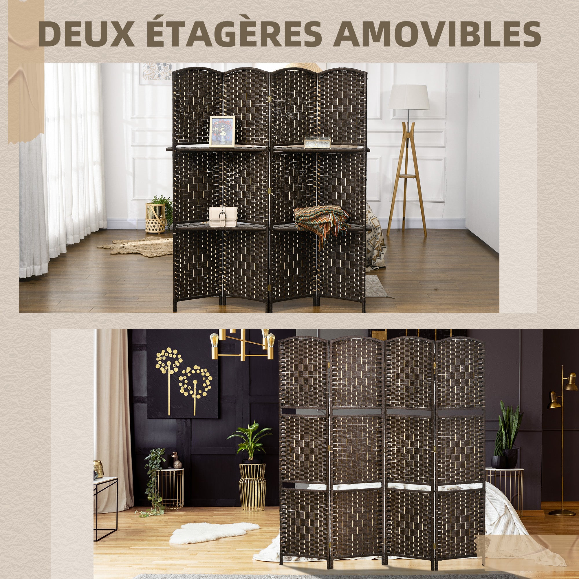 Room Divider 4 Panels 160 x170 cm with 2 Shelves, Folding, Pine Wood for Office, Living Room, Bedroom, Brown